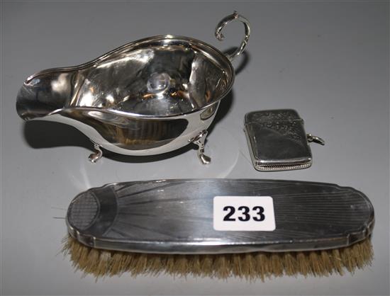 George V silver sauceboat, vesta case & silver backed brush